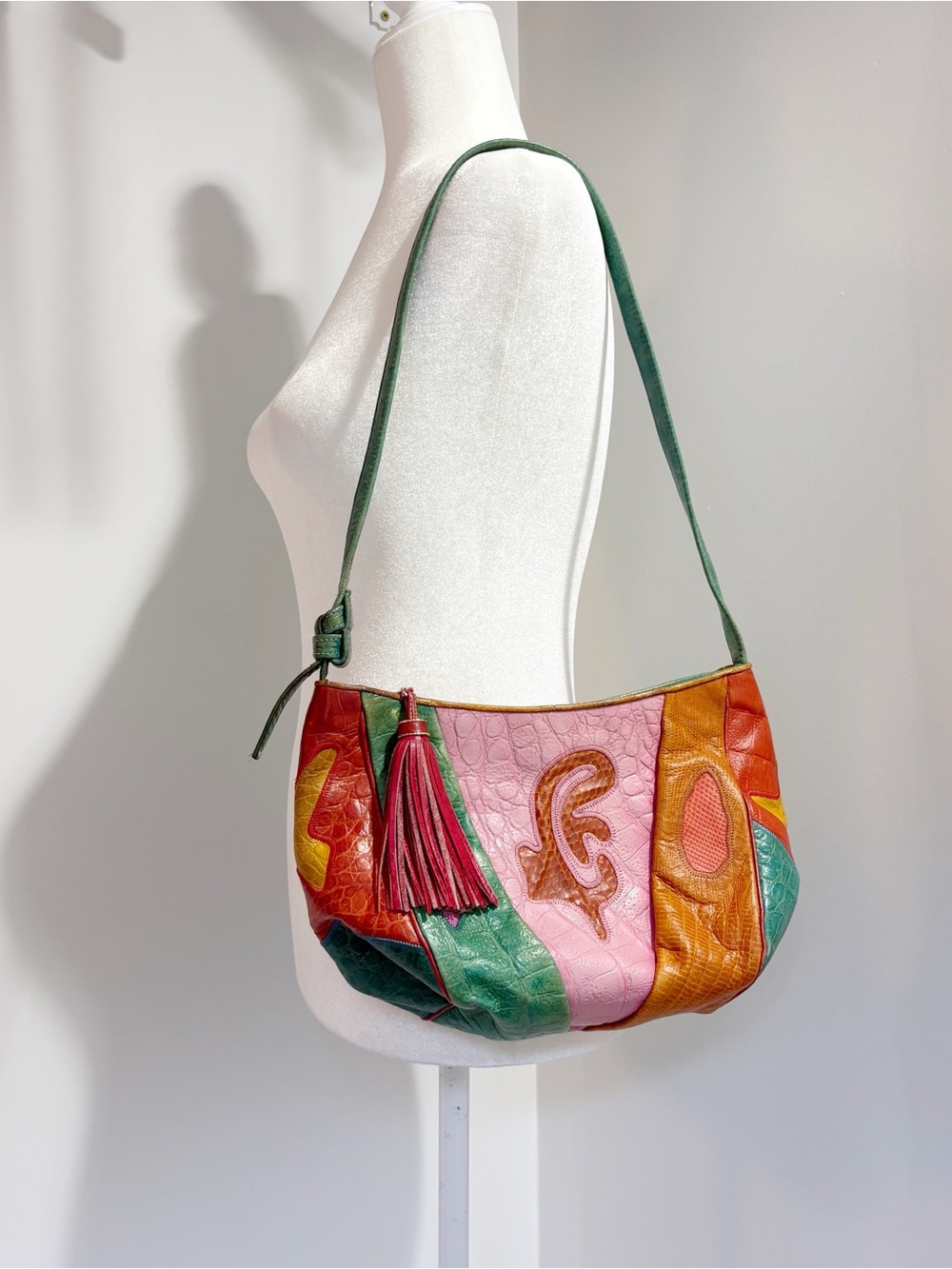 Vintage Sharif Patchwork Leather Purse Handbag Crossbody 80s Art to Wear Tassel